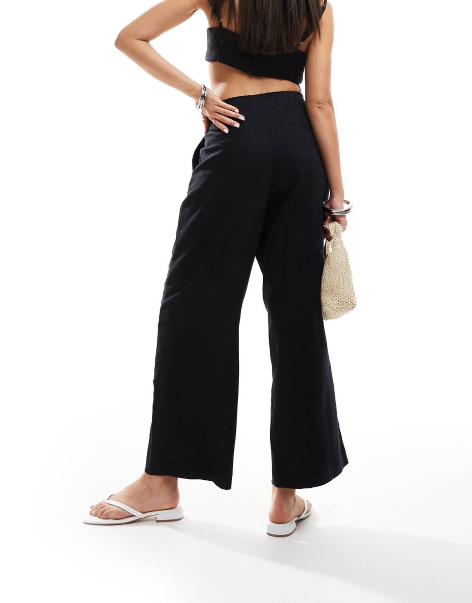 ASOS DESIGN raw edge barrel leg tailored pants with linen in black