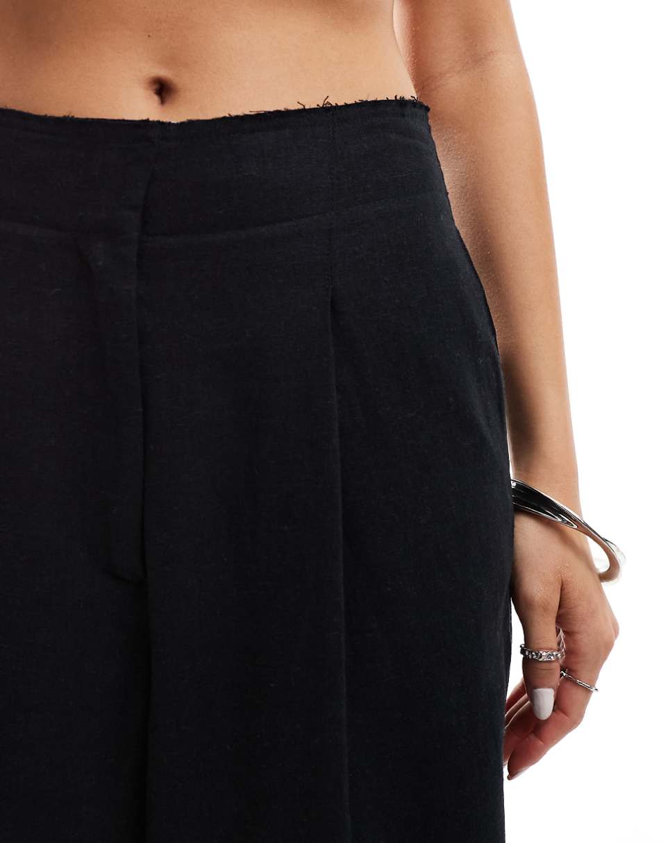 ASOS DESIGN raw edge barrel leg tailored pants with linen in black