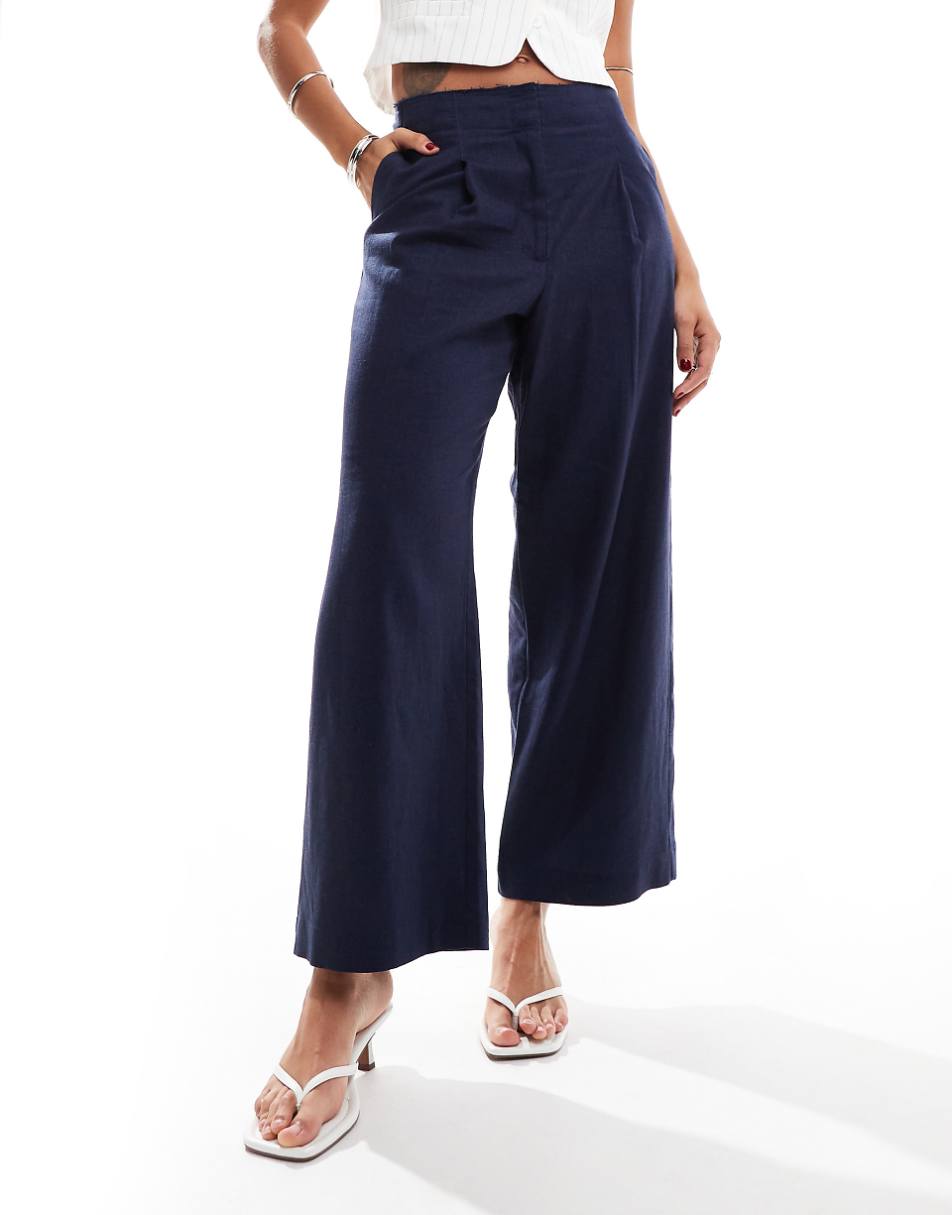 ASOS DESIGN raw edge barrel leg tailored pant with linen in navy