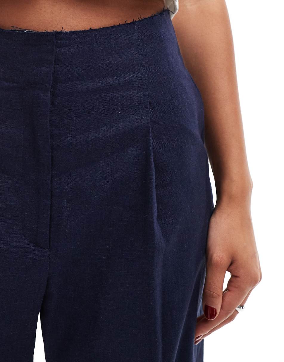 ASOS DESIGN raw edge barrel leg tailored pant with linen in navy