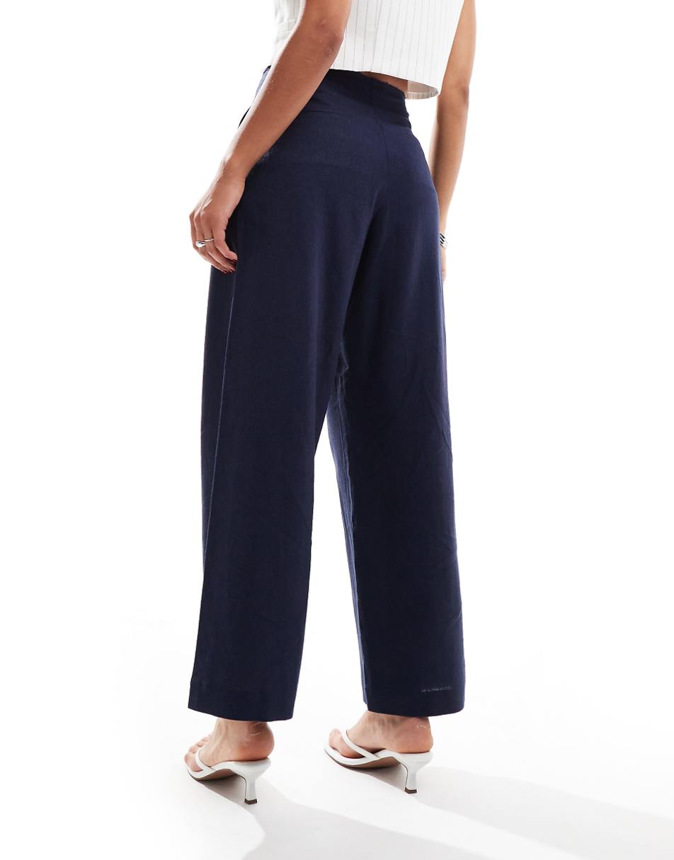 ASOS DESIGN raw edge barrel leg tailored pant with linen in navy