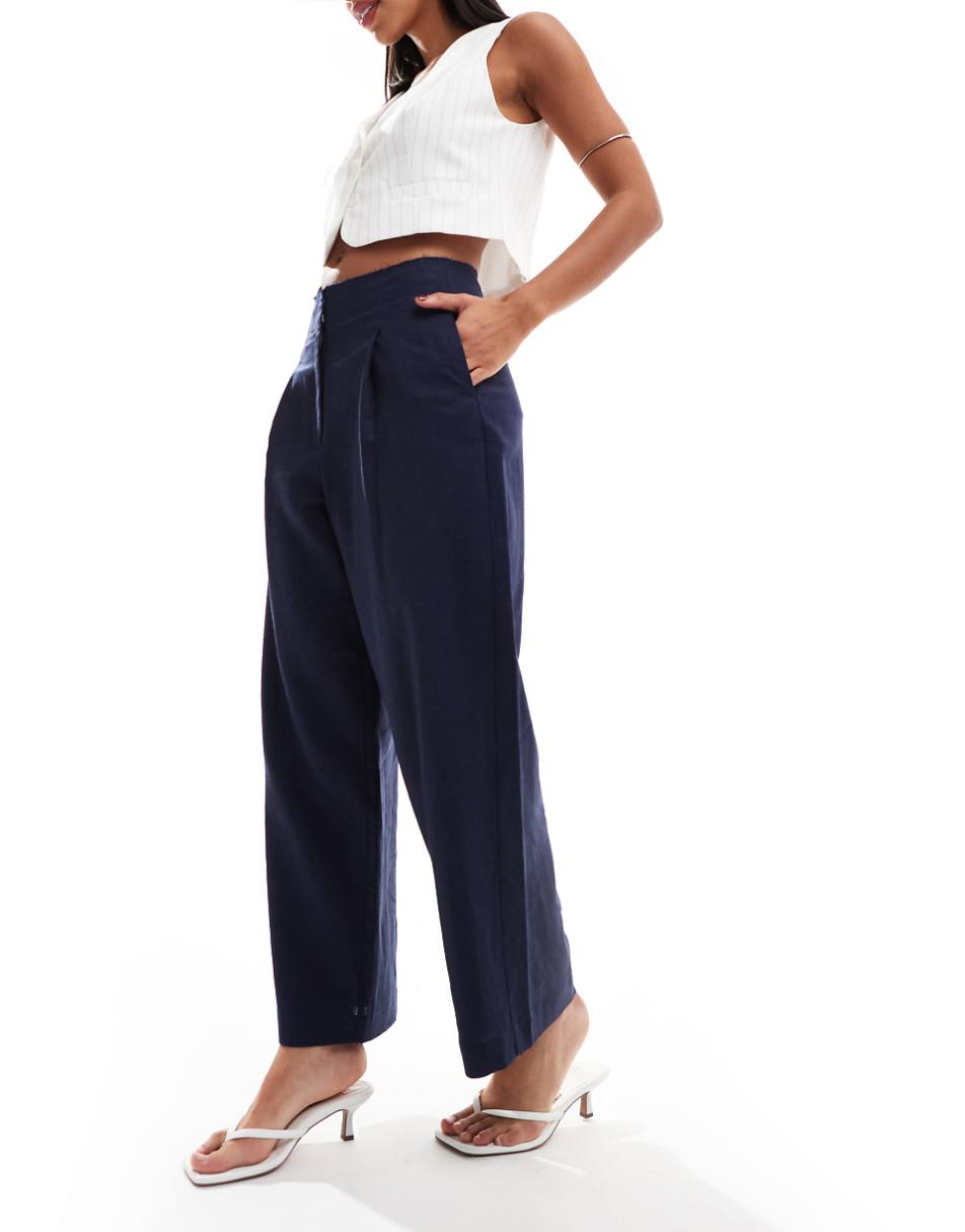ASOS DESIGN raw edge barrel leg tailored pant with linen in navy