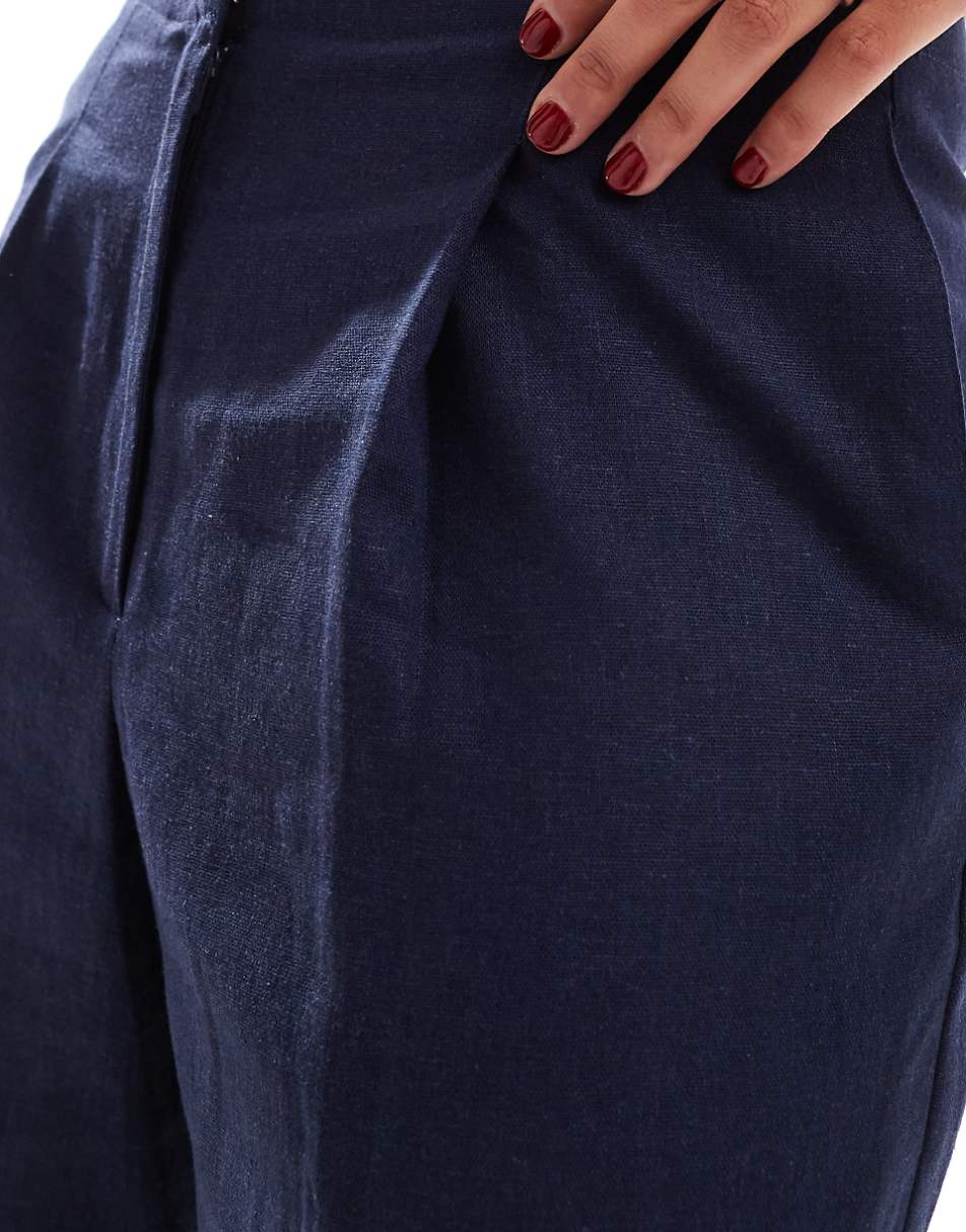 ASOS DESIGN raw edge barrel leg tailored pant with linen in navy