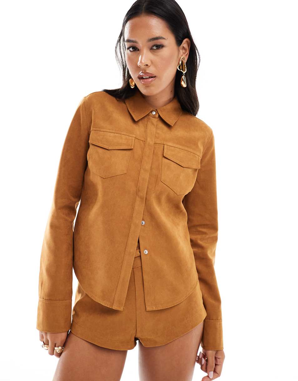 ASOS DESIGN suedette shirt in tan - part of a set