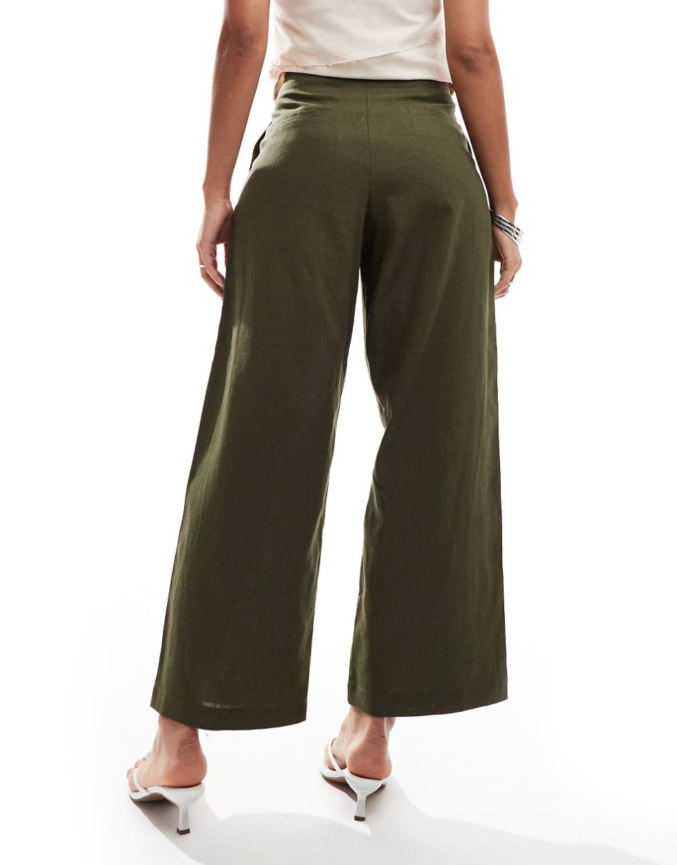 ASOS DESIGN raw edge barrel leg tailored pant with linen in khaki