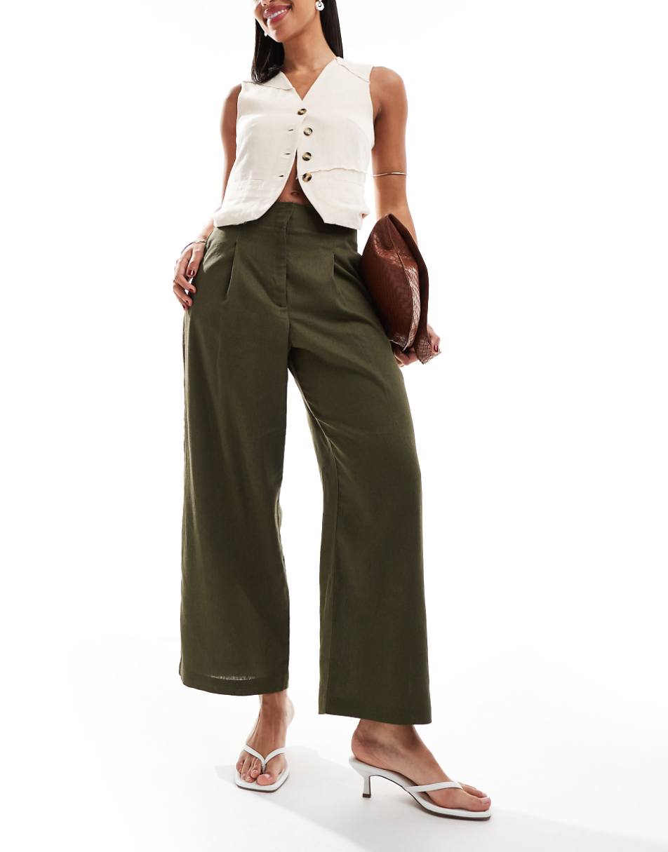ASOS DESIGN raw edge barrel leg tailored pant with linen in khaki