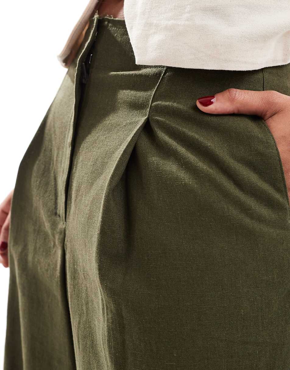 ASOS DESIGN raw edge barrel leg tailored pant with linen in khaki