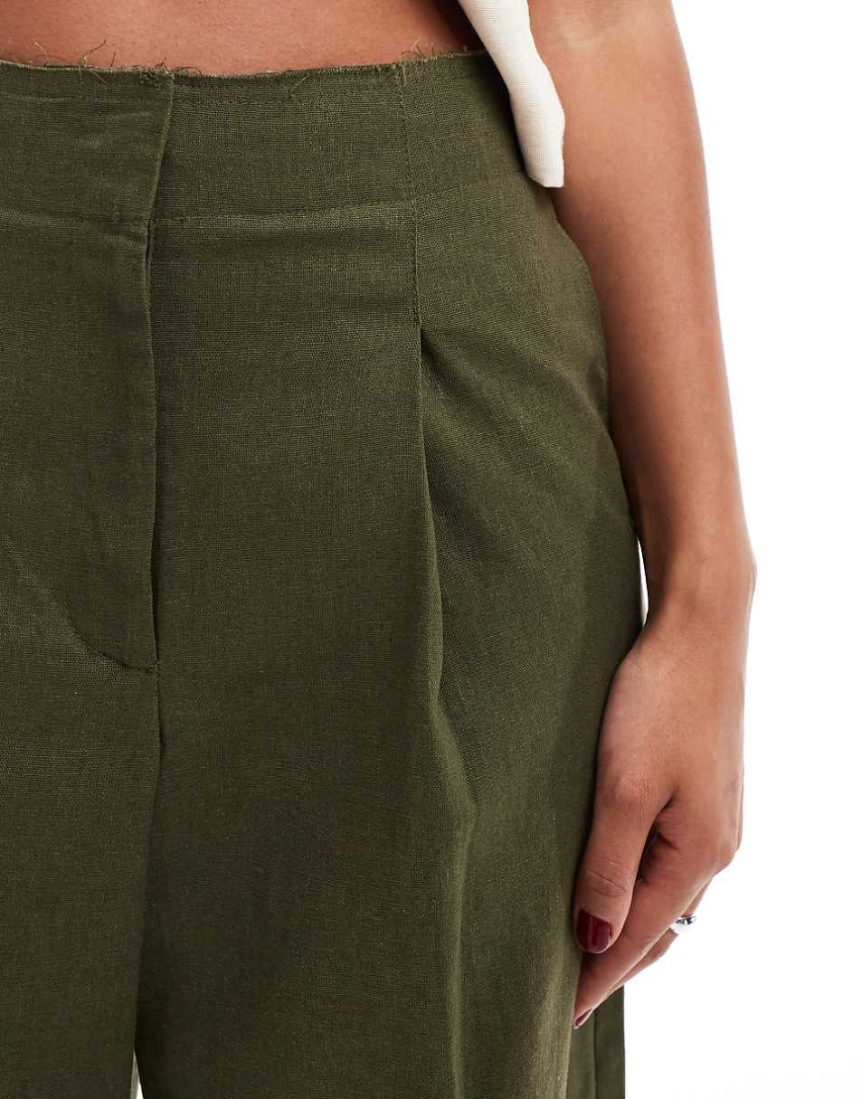 ASOS DESIGN raw edge barrel leg tailored pant with linen in khaki