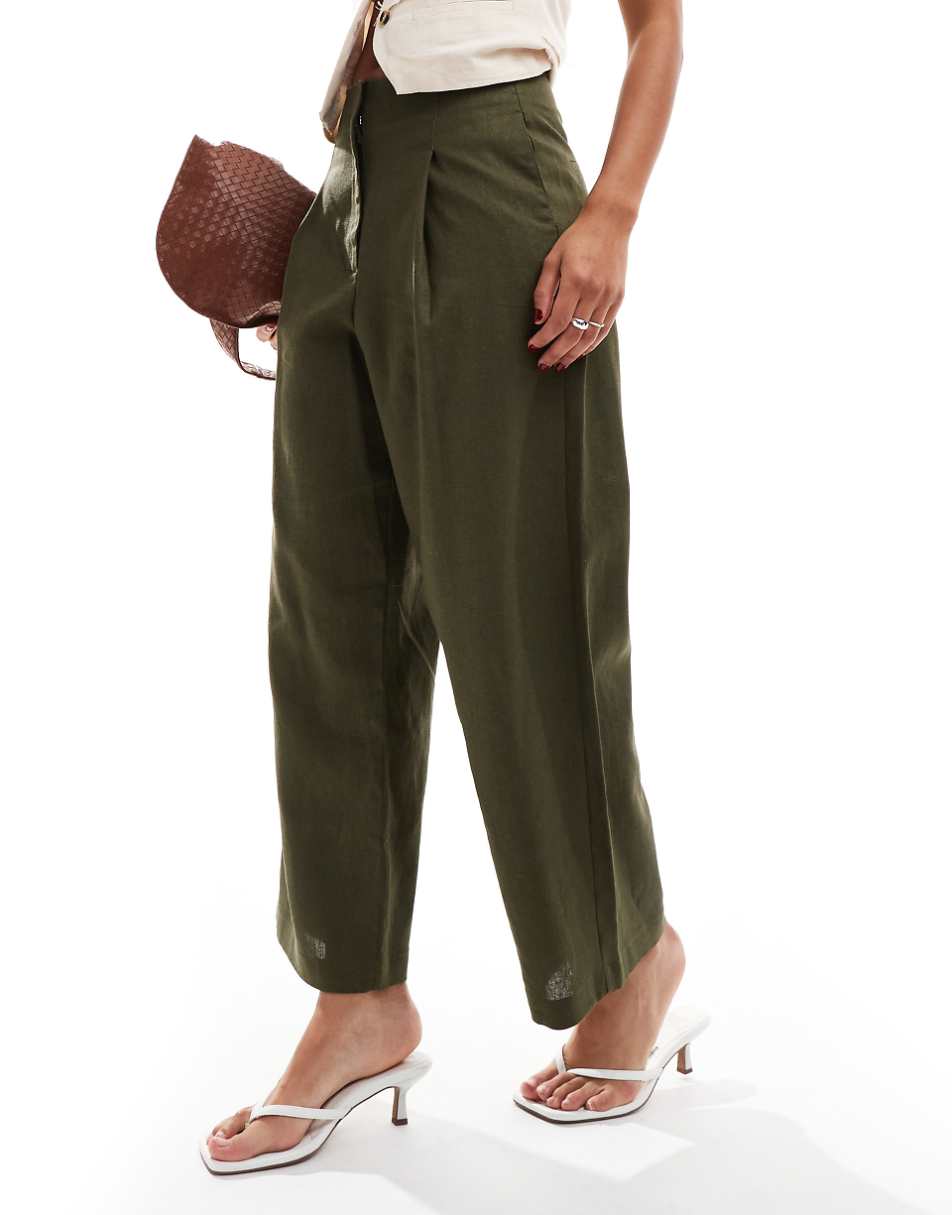 ASOS DESIGN raw edge barrel leg tailored pant with linen in khaki