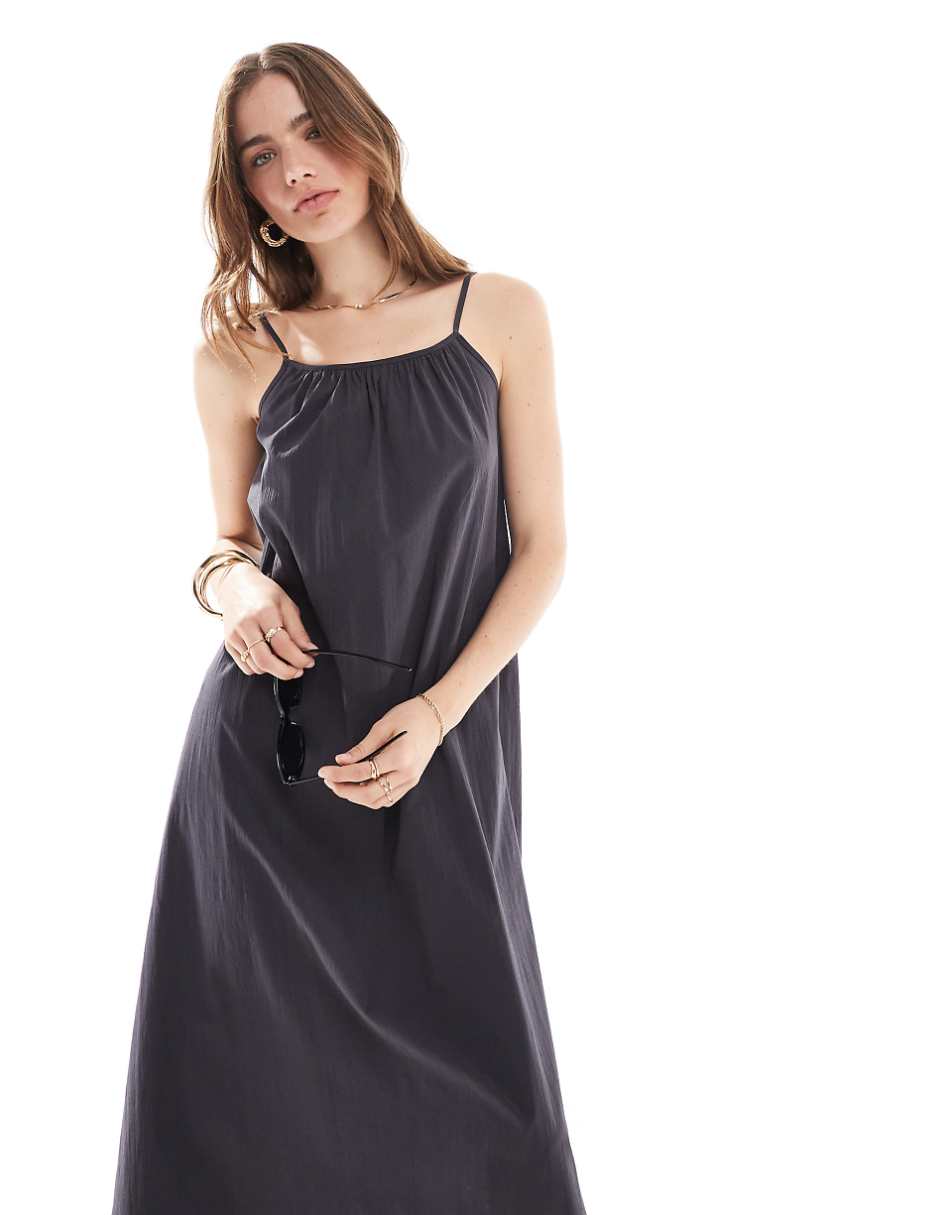 Mango ruched halter neck midi dress in gray