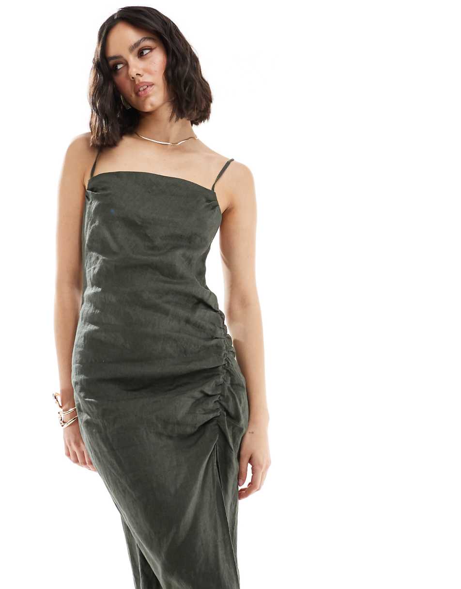 Mango linen ruched side cami midi dress in khaki