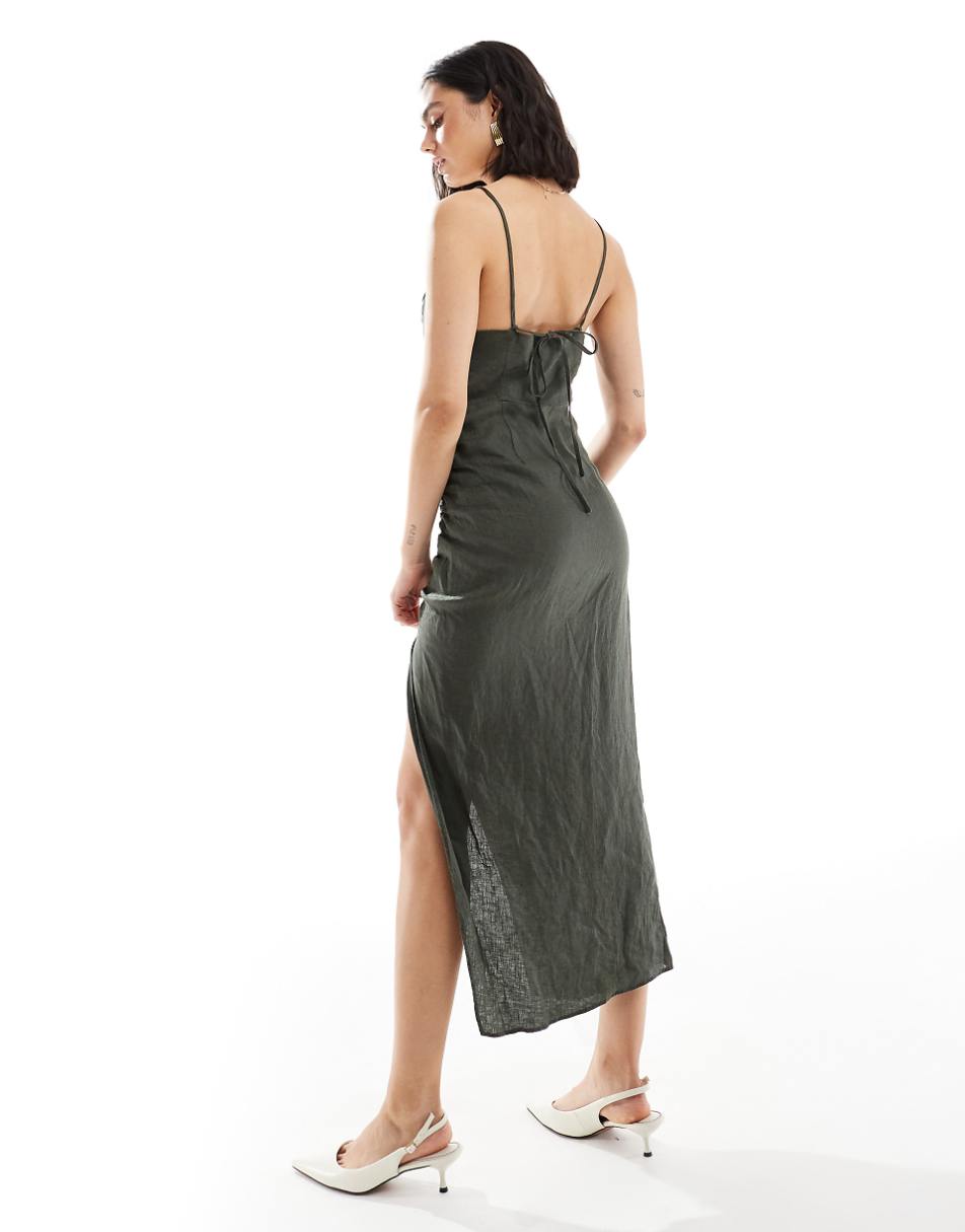 Mango linen ruched side cami midi dress in khaki