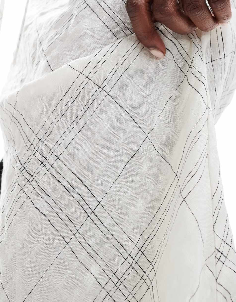 Mango lightweight linen mix plaid skirt in white