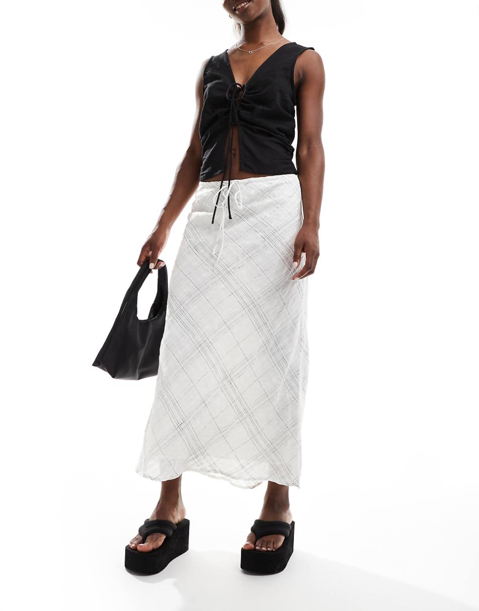 Mango lightweight linen mix plaid skirt in white