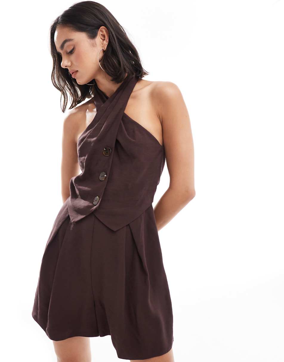 ASOS DESIGN twist neck button up romper in chocolate