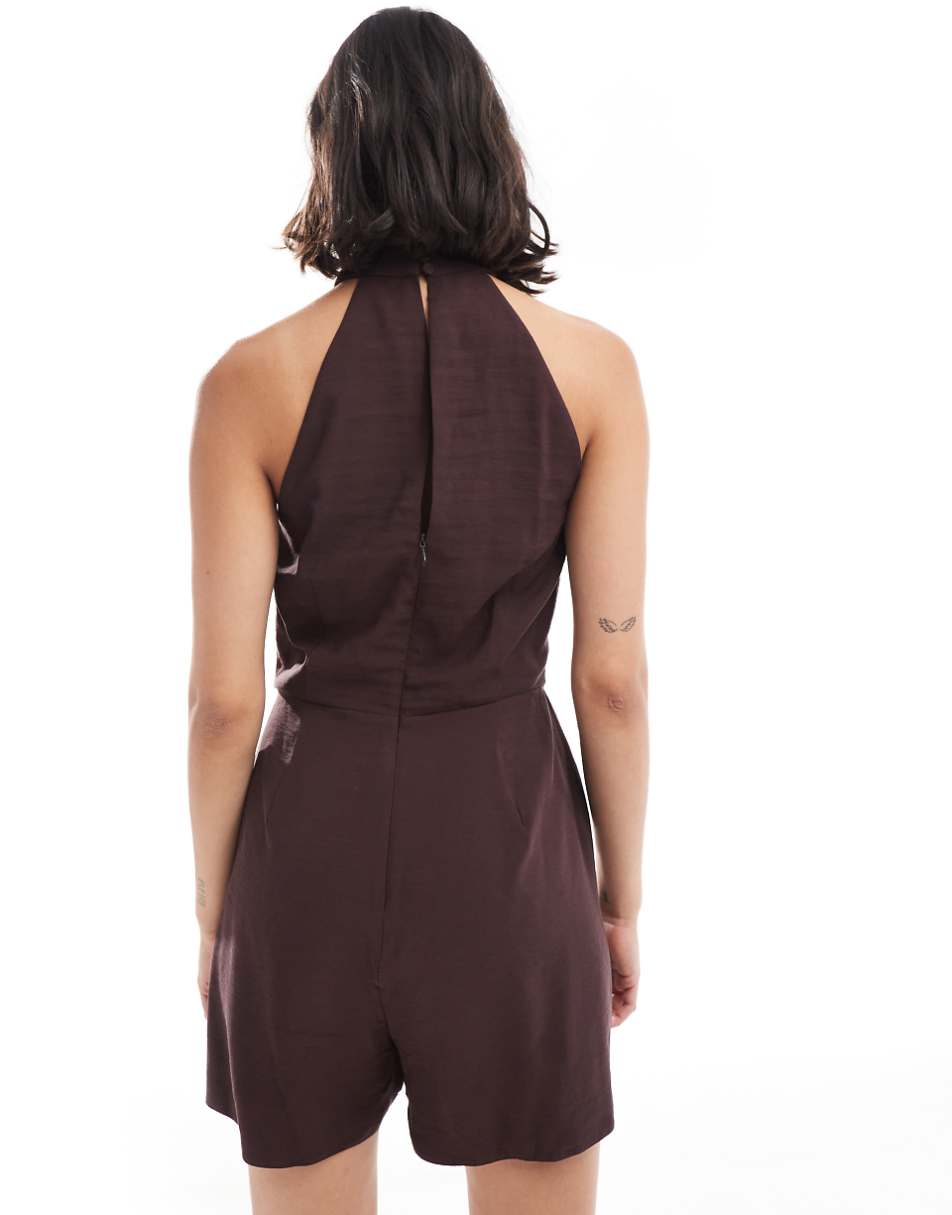 ASOS DESIGN twist neck button up romper in chocolate