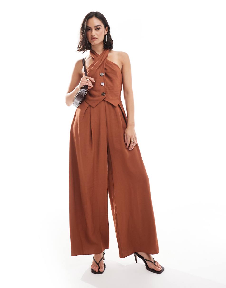 ASOS DESIGN twist neck button up jumpsuit