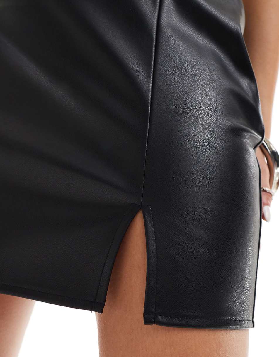 ASOS DESIGN split front leather look mini skirt in black