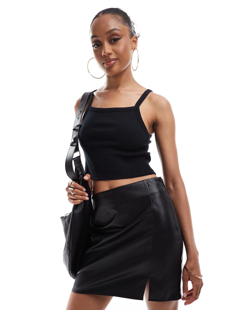ASOS DESIGN Tall split front leather look mini skirt in black