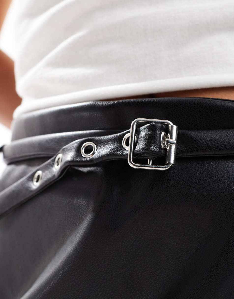 ASOS DESIGN skinny buckle leather look skort in black