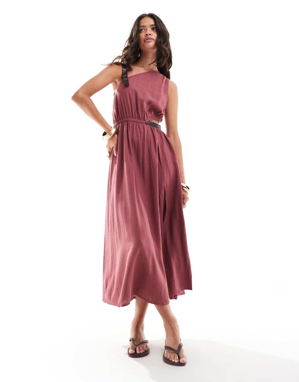 ASOS DESIGN one shoulder textured midi dress leather look trim detail in burgundy