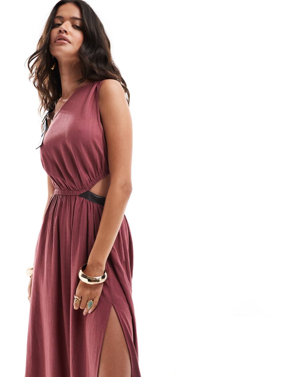ASOS DESIGN one shoulder textured midi dress leather look trim detail in burgundy