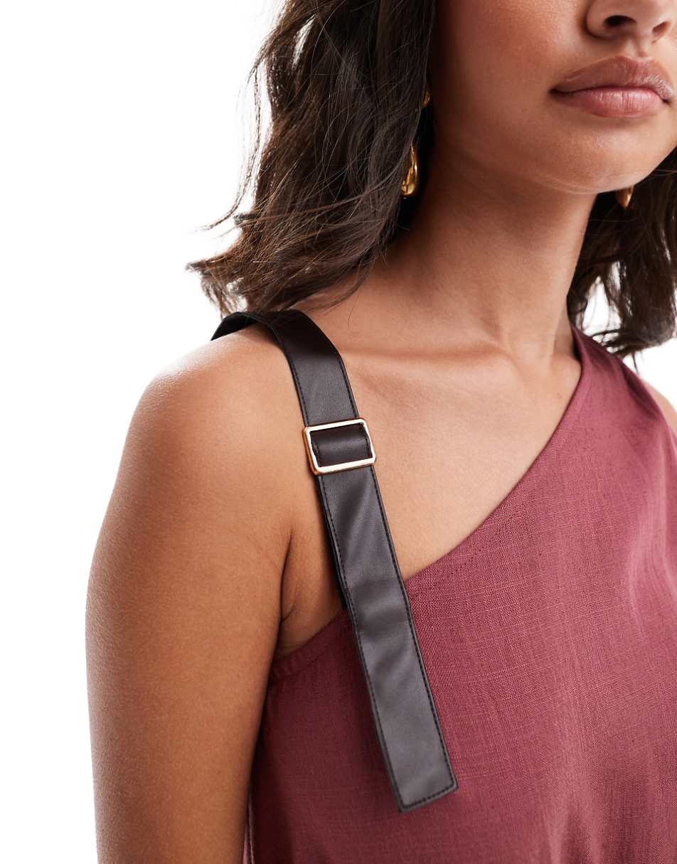 ASOS DESIGN one shoulder textured midi dress leather look trim detail in burgundy