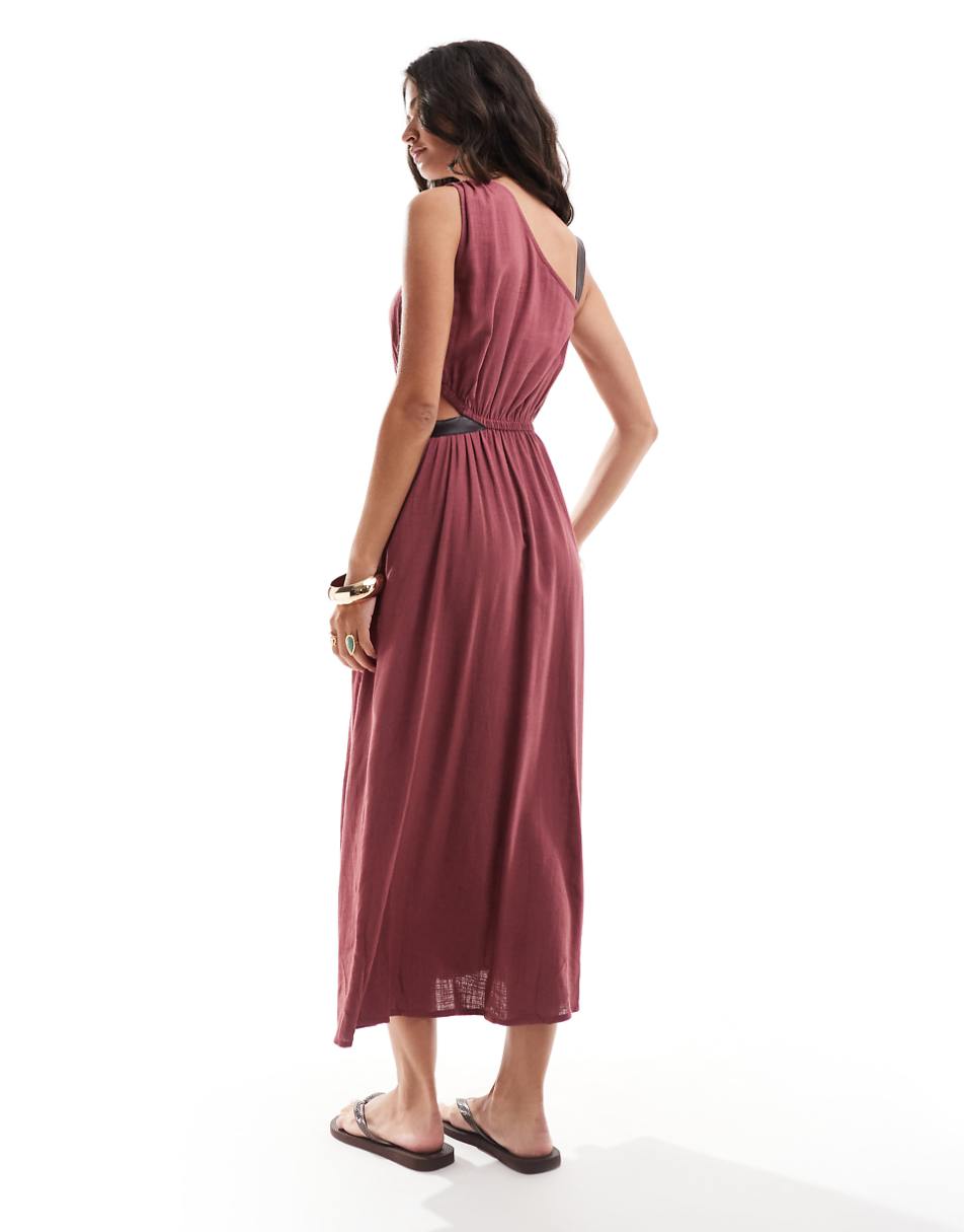 ASOS DESIGN one shoulder textured midi dress leather look trim detail in burgundy