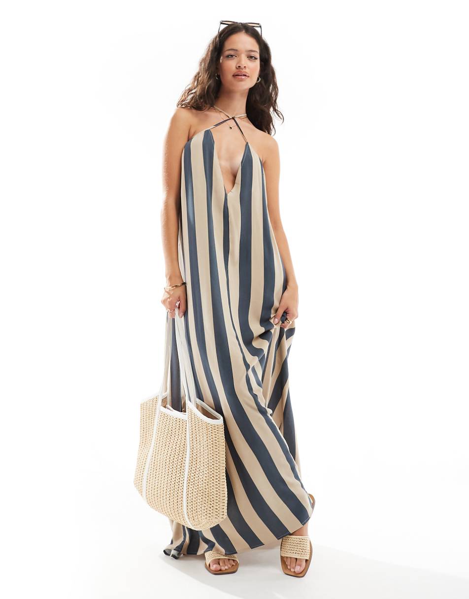 ASOS DESIGN viscose trapeze maxi dress in navy and beige stripe