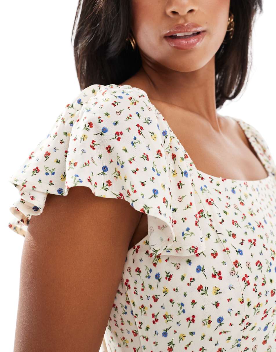 Nobody's Child Petite Elise midi dress with fluted straps in ditsy floral