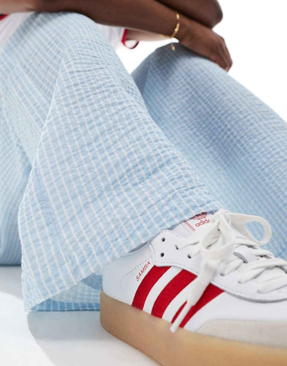 ASOS DESIGN seersucker tie waist wide leg pants in blue & white stripe