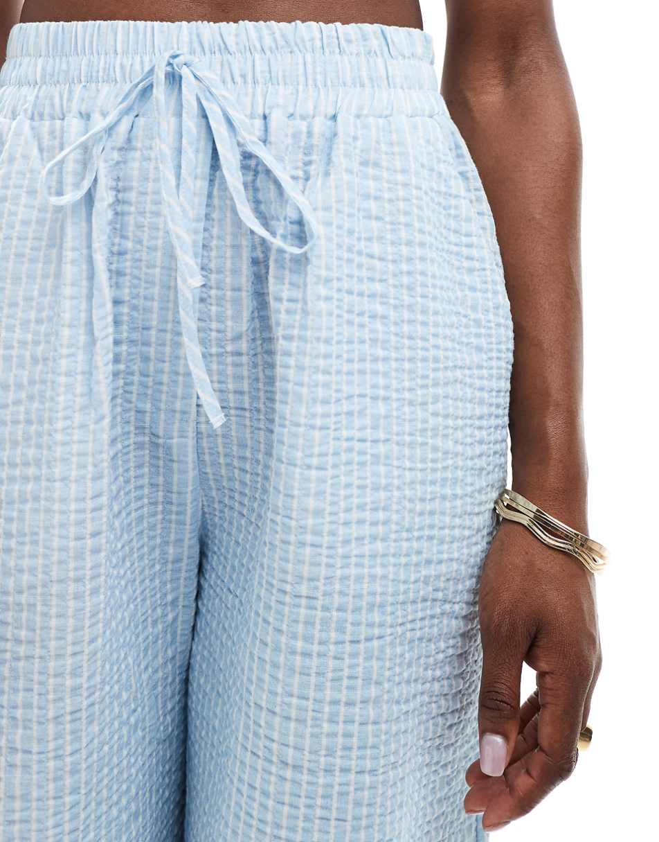 ASOS DESIGN seersucker tie waist wide leg pants in blue & white stripe