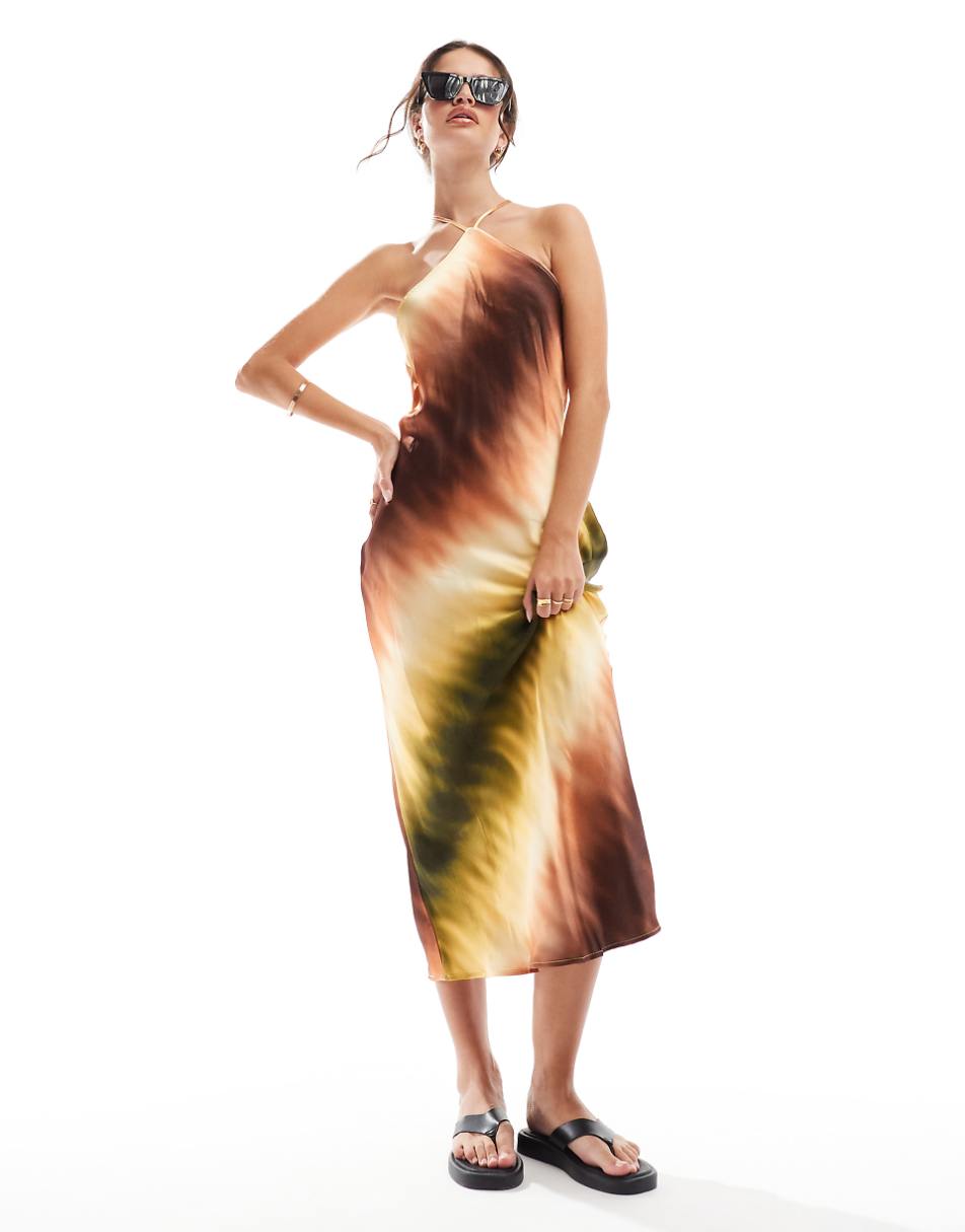 ASOS DESIGN satin strappy halter midi dress with natural trim details in tonal tie dye print