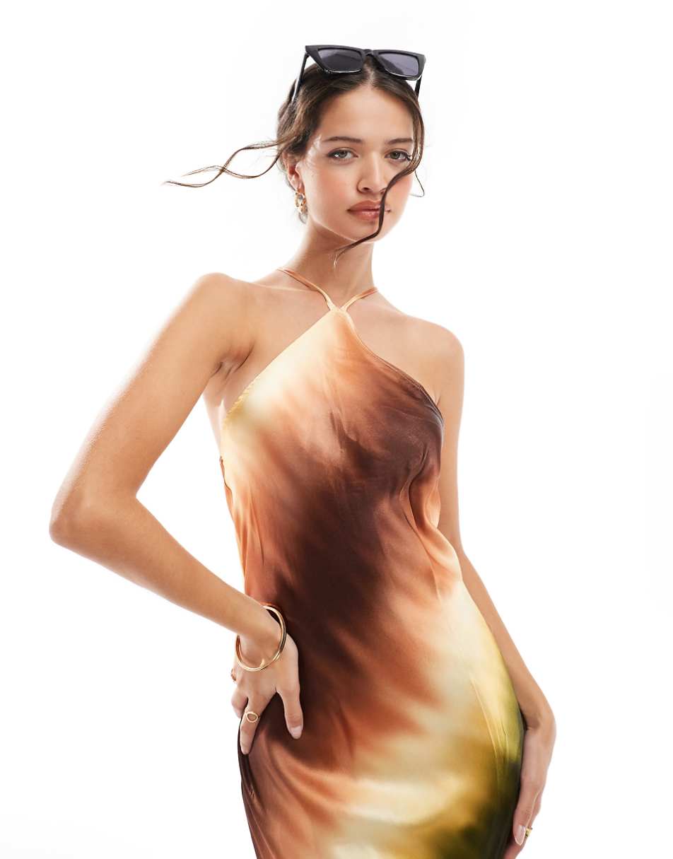 ASOS DESIGN satin strappy halter midi dress with natural trim details in tonal tie dye print