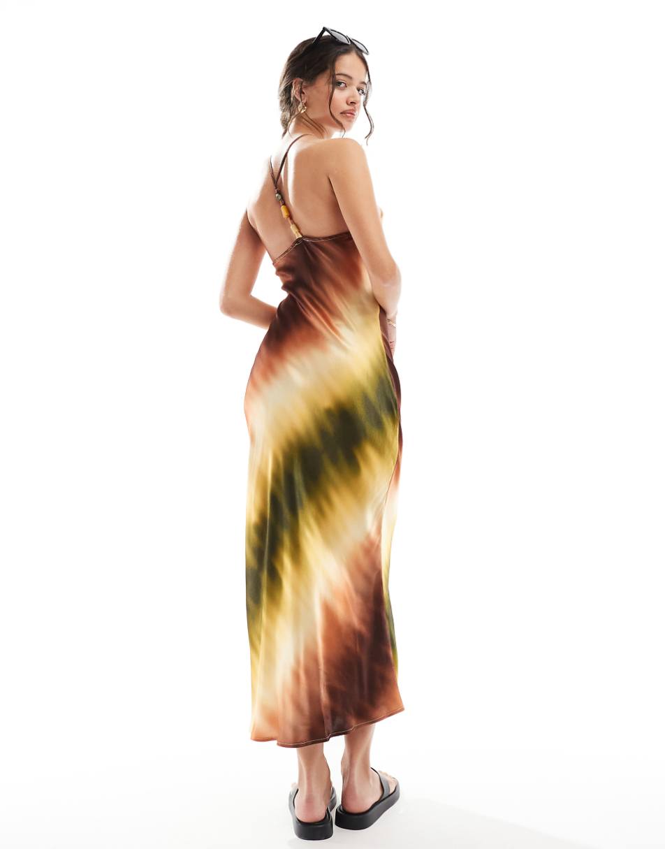 ASOS DESIGN satin strappy halter midi dress with natural trim details in tonal tie dye print