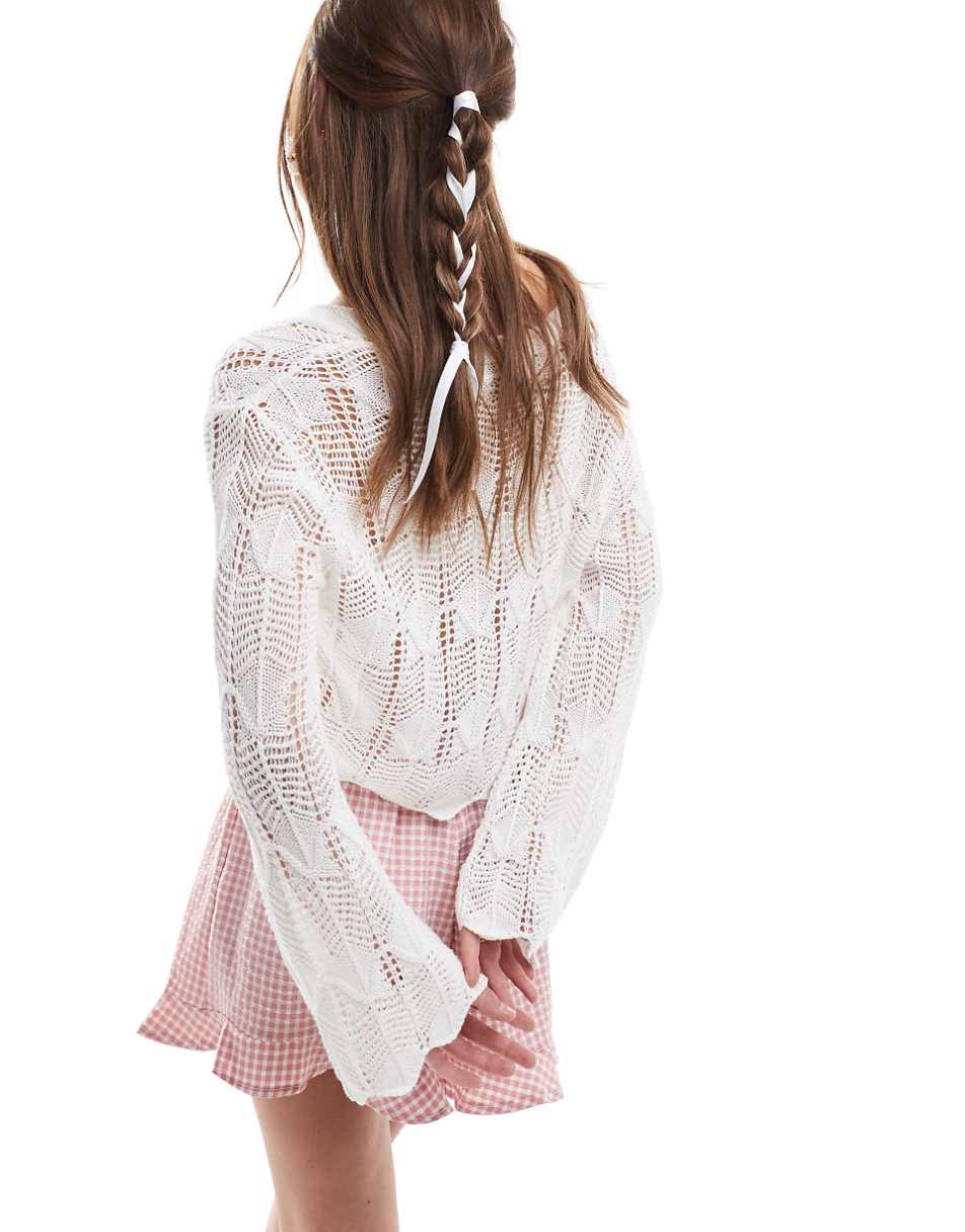 Miss Selfridge crochet ribbon tie front cardigan in cream
