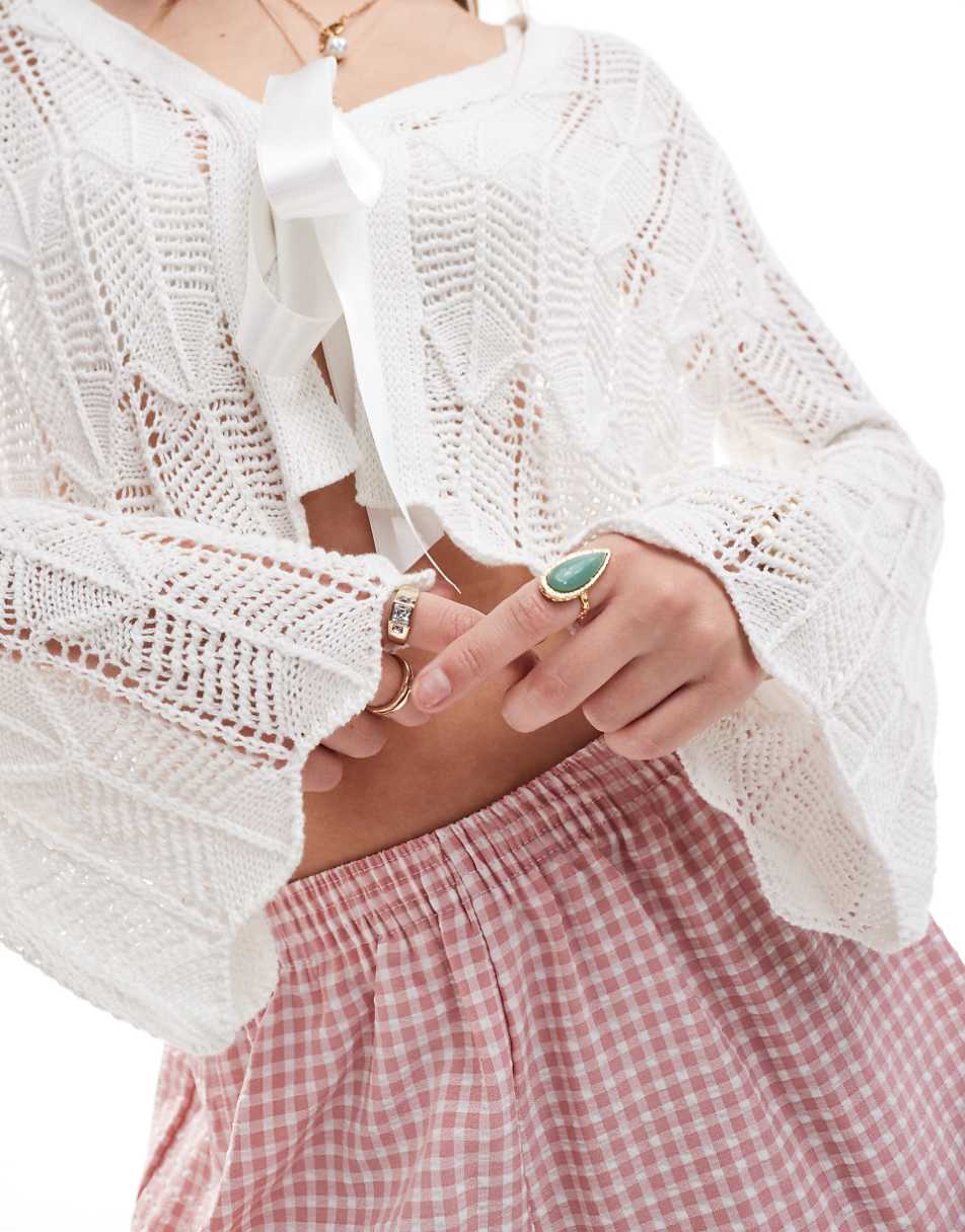 Miss Selfridge crochet ribbon tie front cardigan in cream