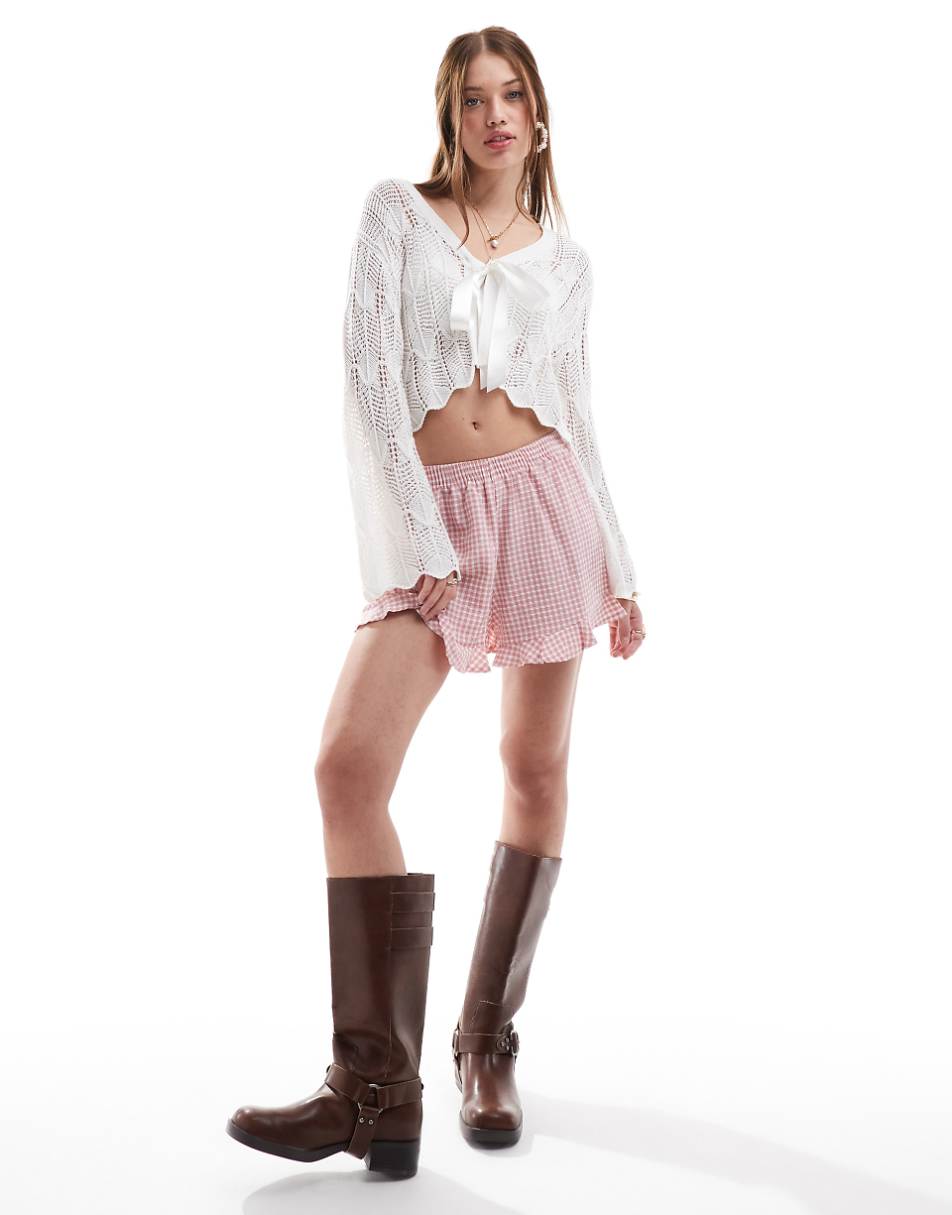 Miss Selfridge crochet ribbon tie front cardigan in cream