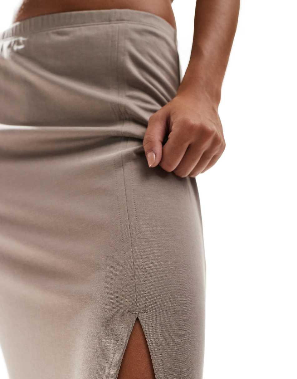 Monki super soft jersey midi skirt with elastic fold in mole beige