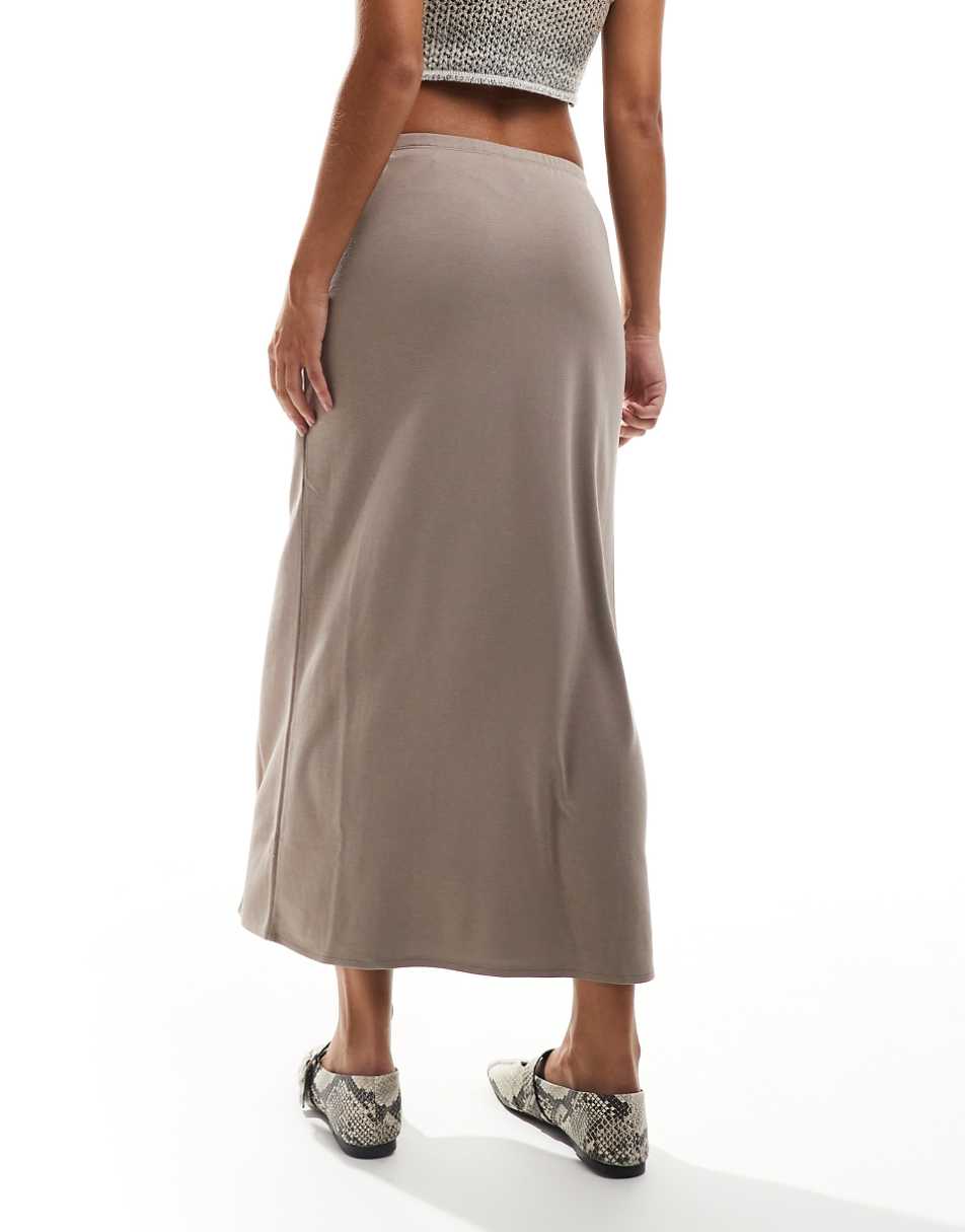 Monki super soft jersey midi skirt with elastic fold in mole beige