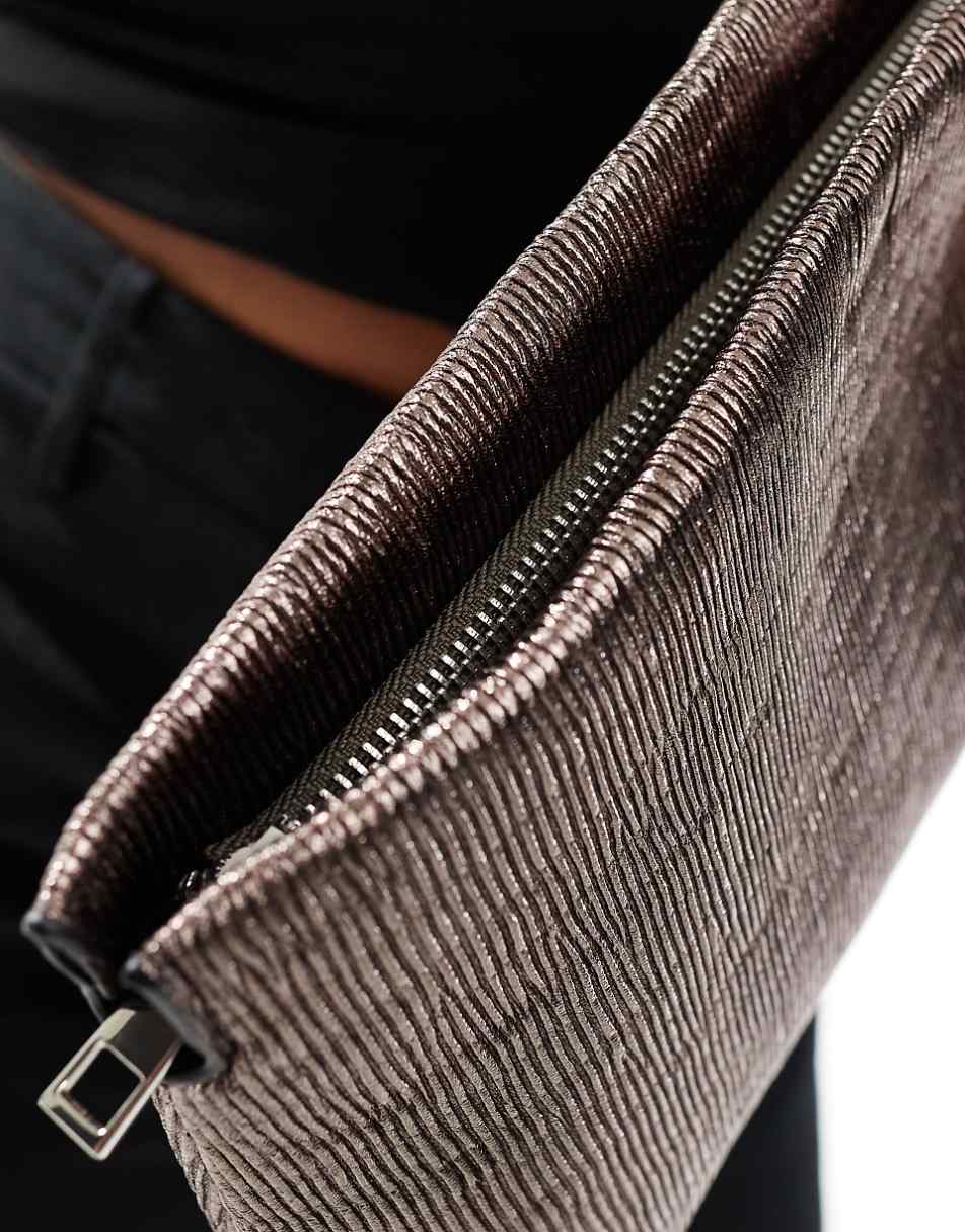 ASOS DESIGN zip top textured clutch bag in gunmetal silver