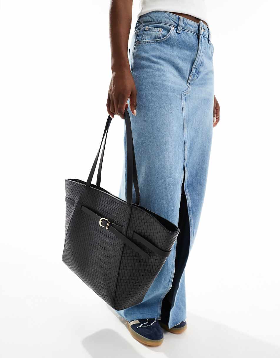 ASOS DESIGN woven tote bag with belt buckle detail in black