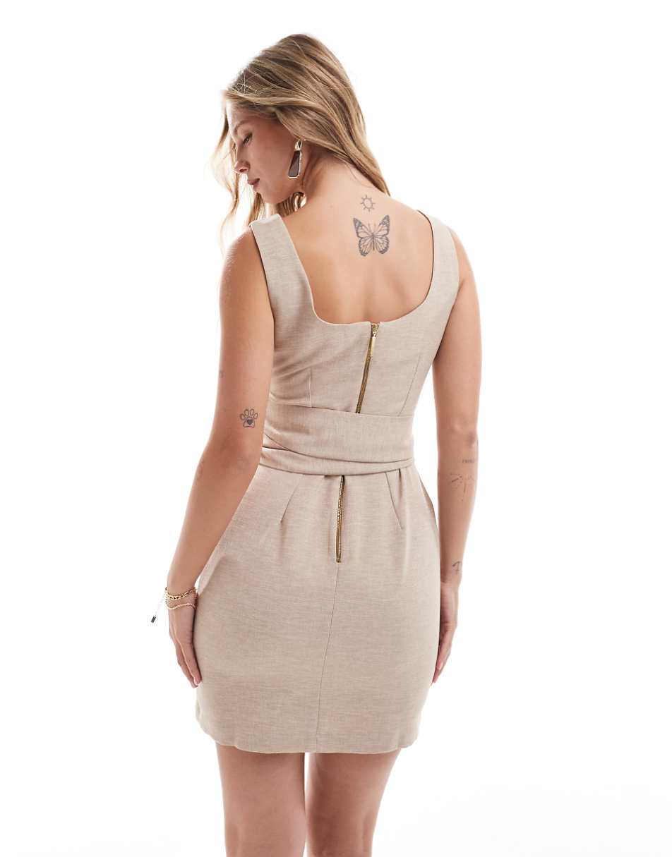 Closet London thick waist belt mini dress in taupe