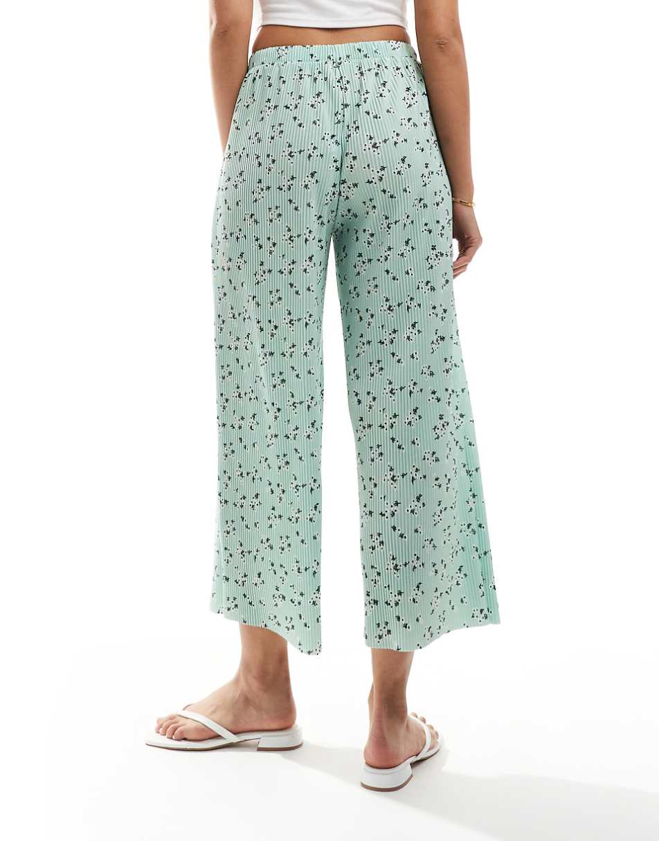 ASOS DESIGN plisse wide pants culottes in green ditsy