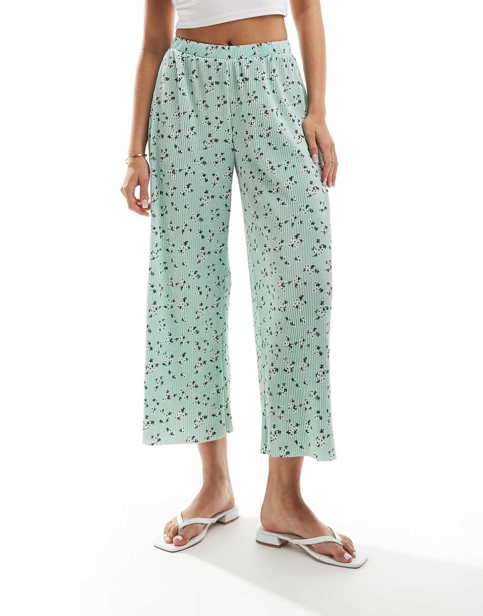 ASOS DESIGN plisse wide pants culottes in green ditsy