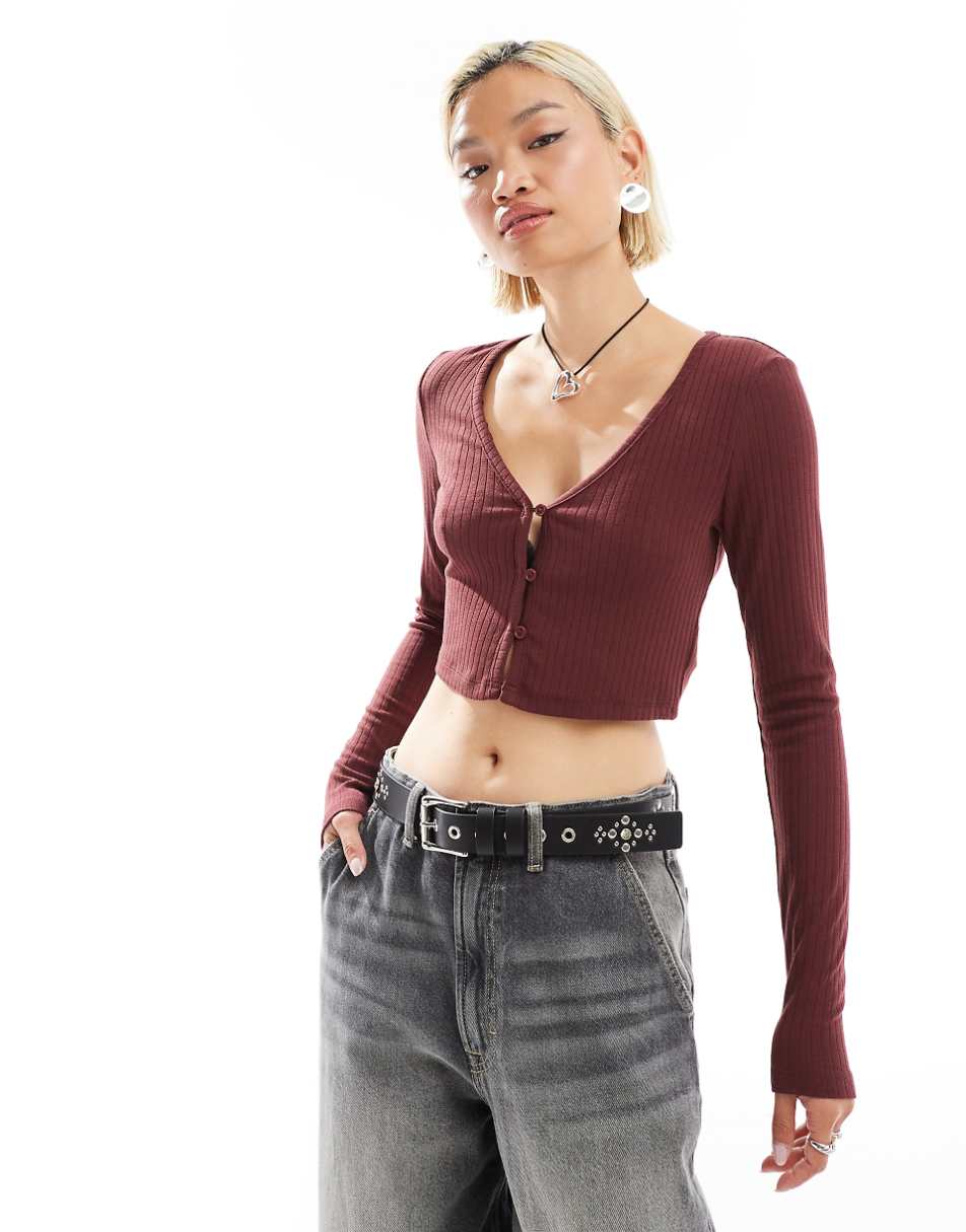Glamorous cable knit crop fitted cardigan in brown
