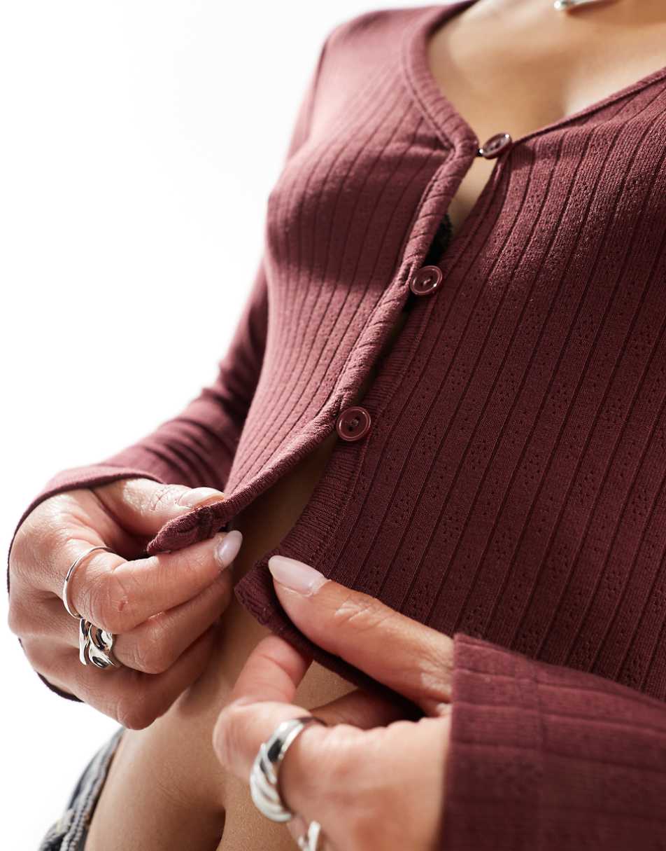 Glamorous cable knit crop fitted cardigan in brown