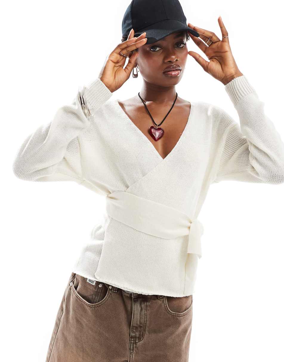 Glamorous wrap front sweater in cream knit