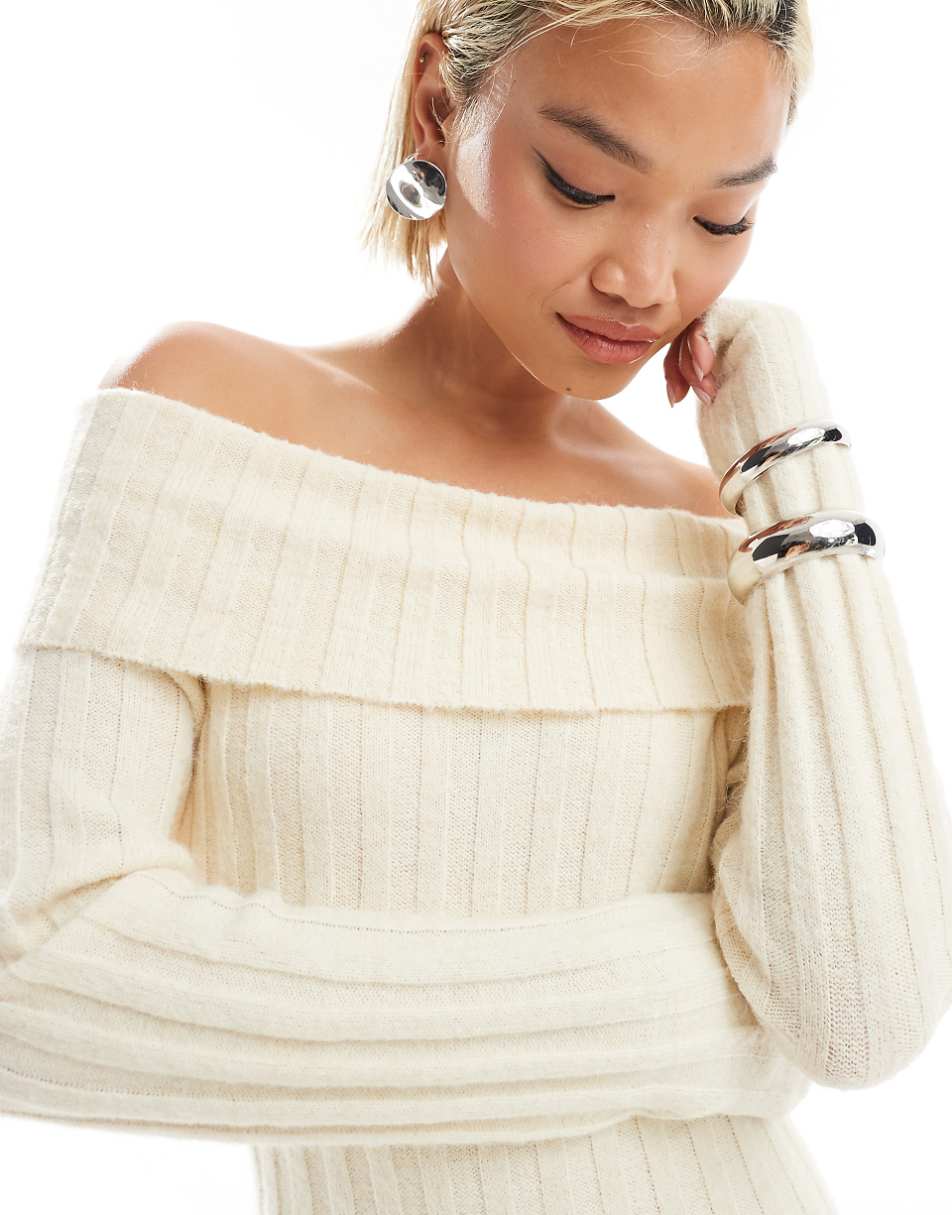 Glamorous off shoulder bodycon maxi knitted dress in cream