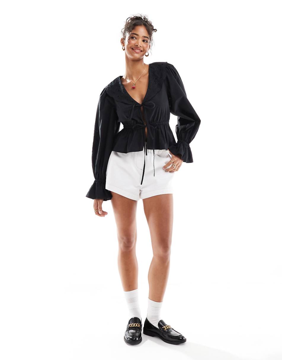 Miss Selfridge poplin tie front cutwork blouse in black